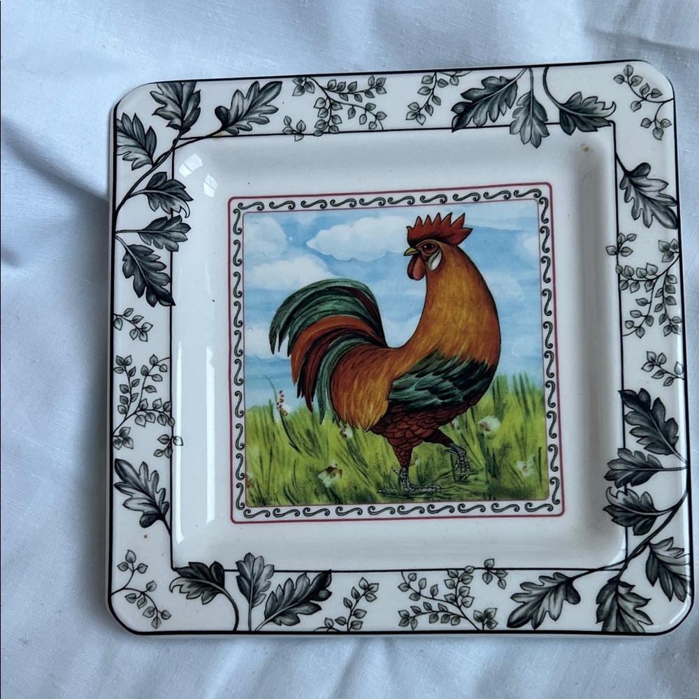 Rustic Rooster Square Plate with Black and White Border
